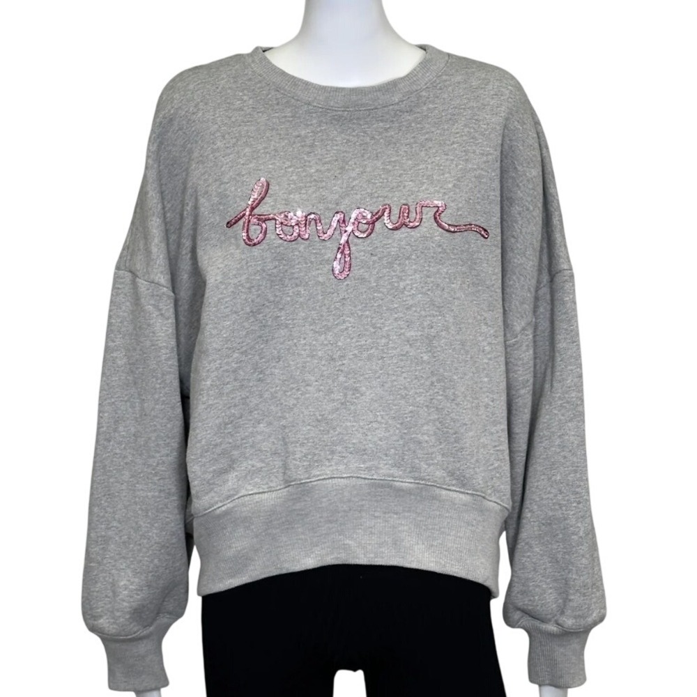 Cinq a Sept Tous Les Jours Bonjour Sequin Sweatshirt Gray‎ Pink Womens Small